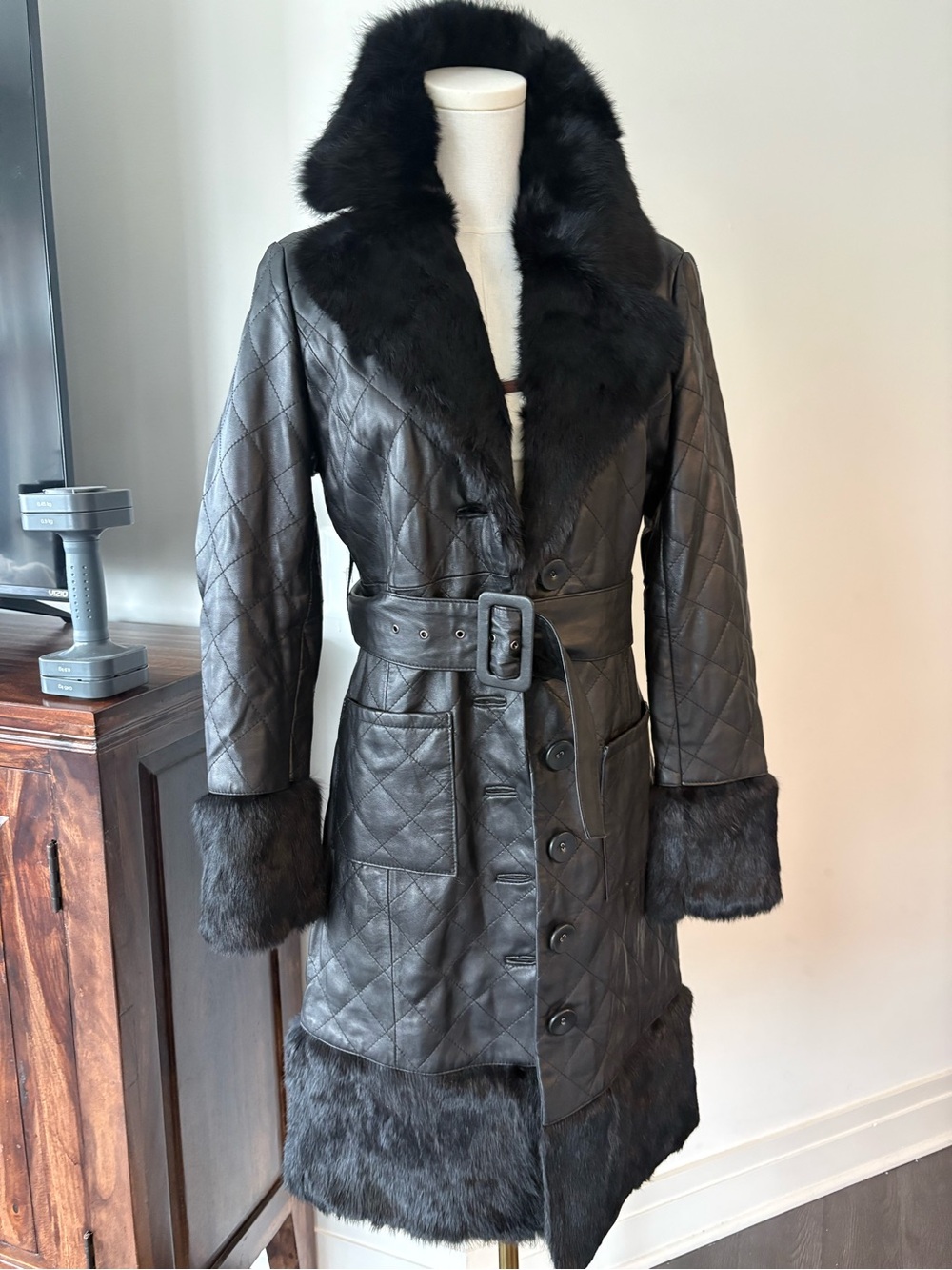 BEBE leather & rabbit fur vintage insane y2k penny lane coat